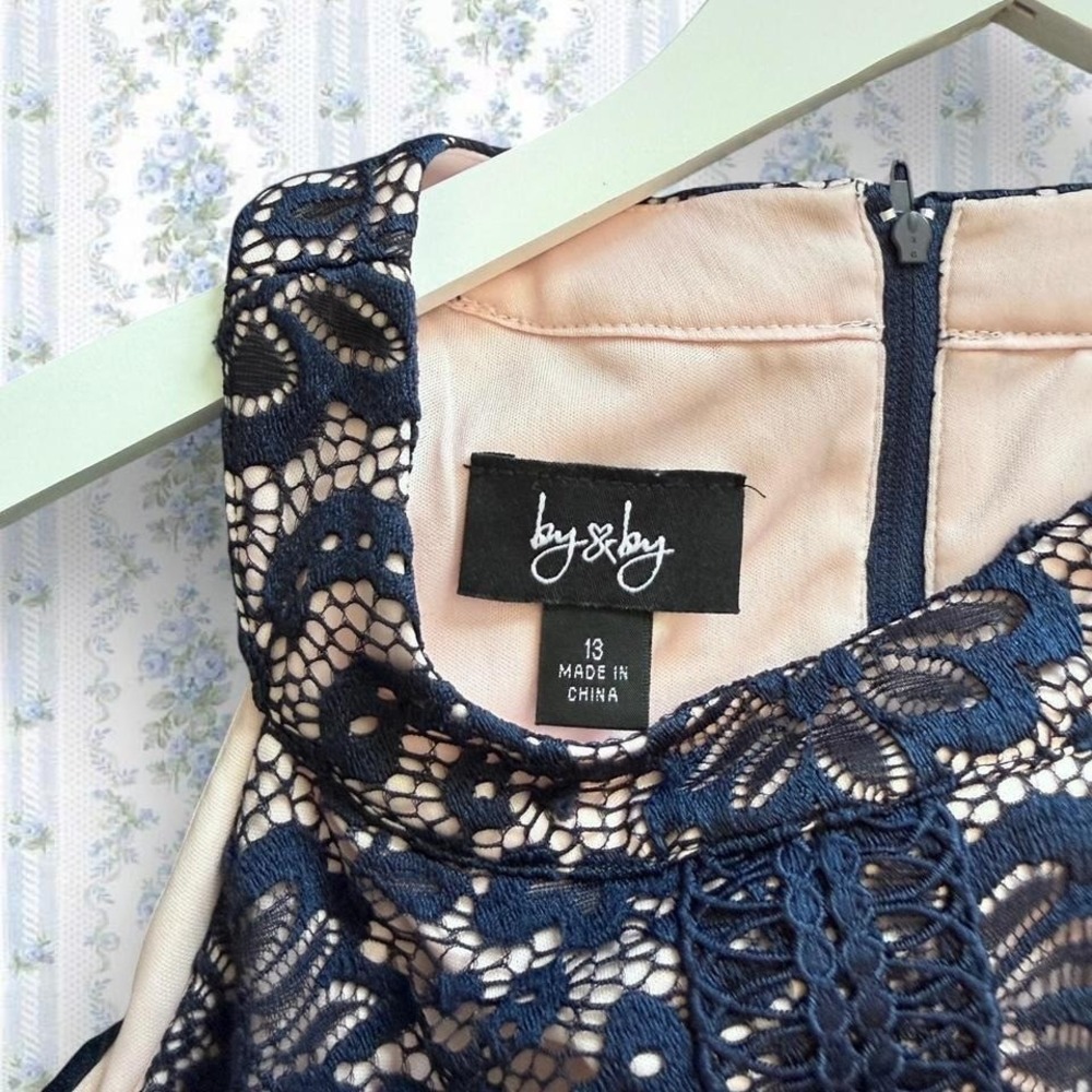 By & By Women's Size 13 Navy Blue Halter Top Midi Lace Dress with Nude Lining - Picture 4 of 4